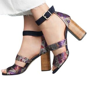 Anthropologie Mosaic Heels Floral Brocade Ankle Strap Sandals Size 39 / US 9